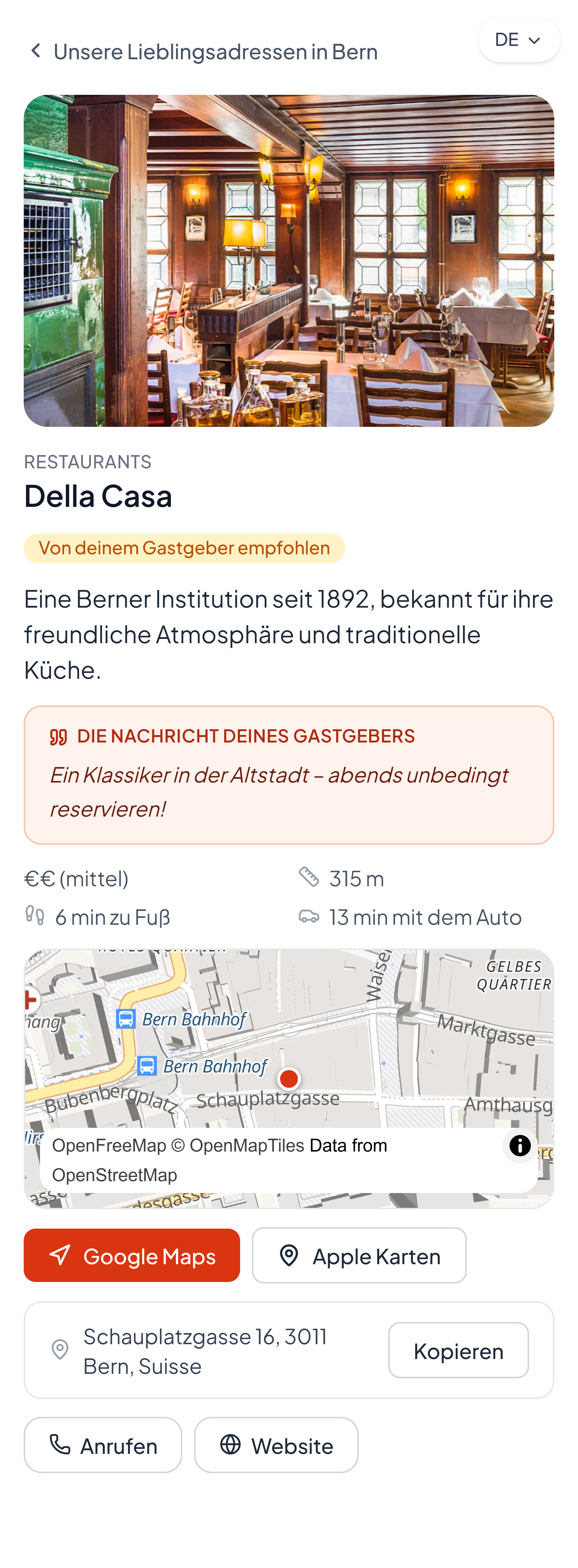 Die Detailseite eines empfohlenen Ortes, mit Route