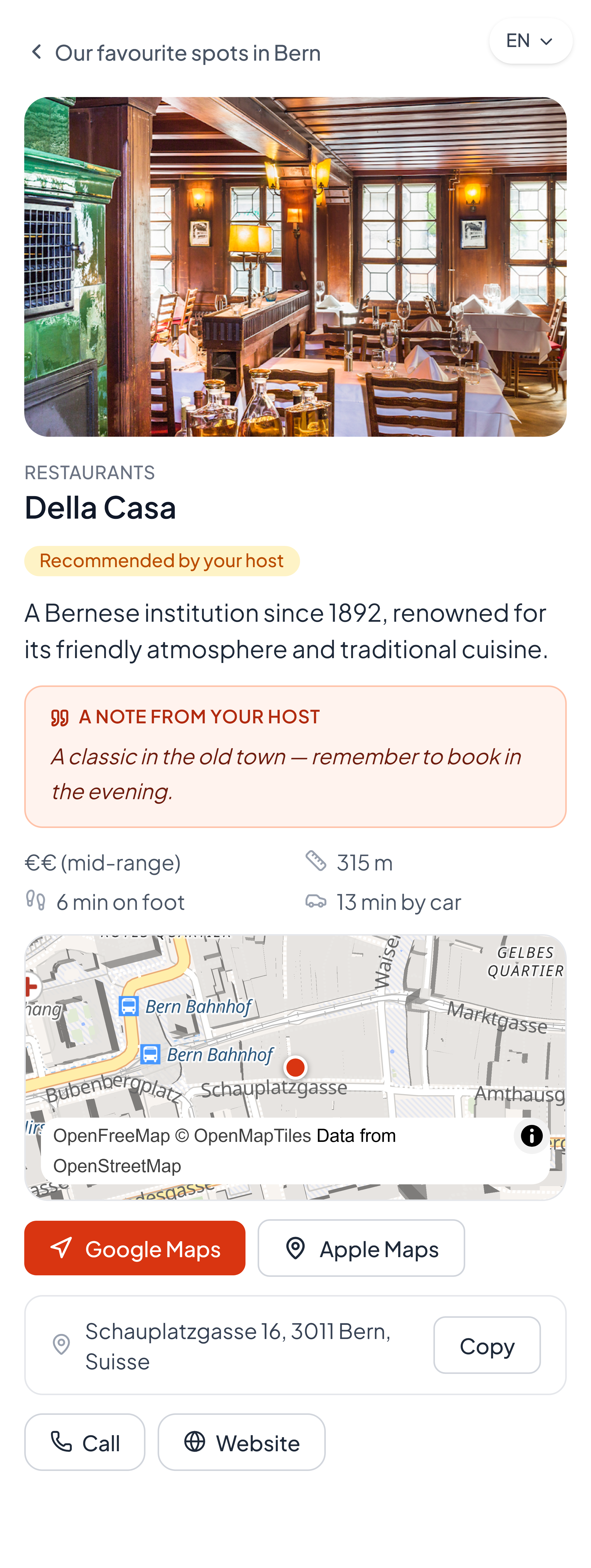A recommended place's page, with directions